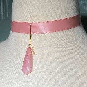 PINK stone & Swarovski bead w/ goldtone handmade ribbon choker & clasp closure